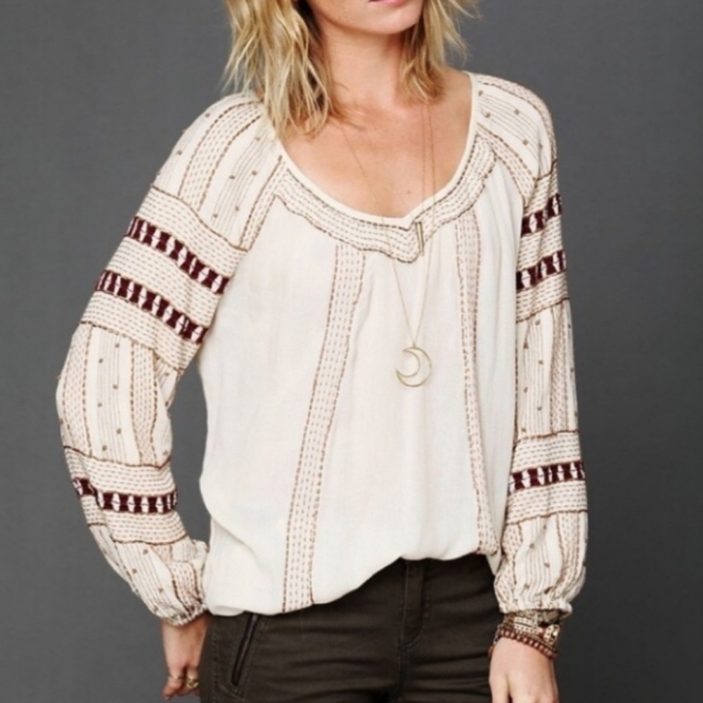 Free People Beaded Wavelengths Cream Boho Tunic Top Small